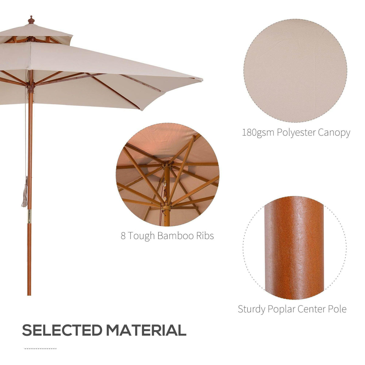 Beige patio parasol with bamboo ribs and poplar center pole details