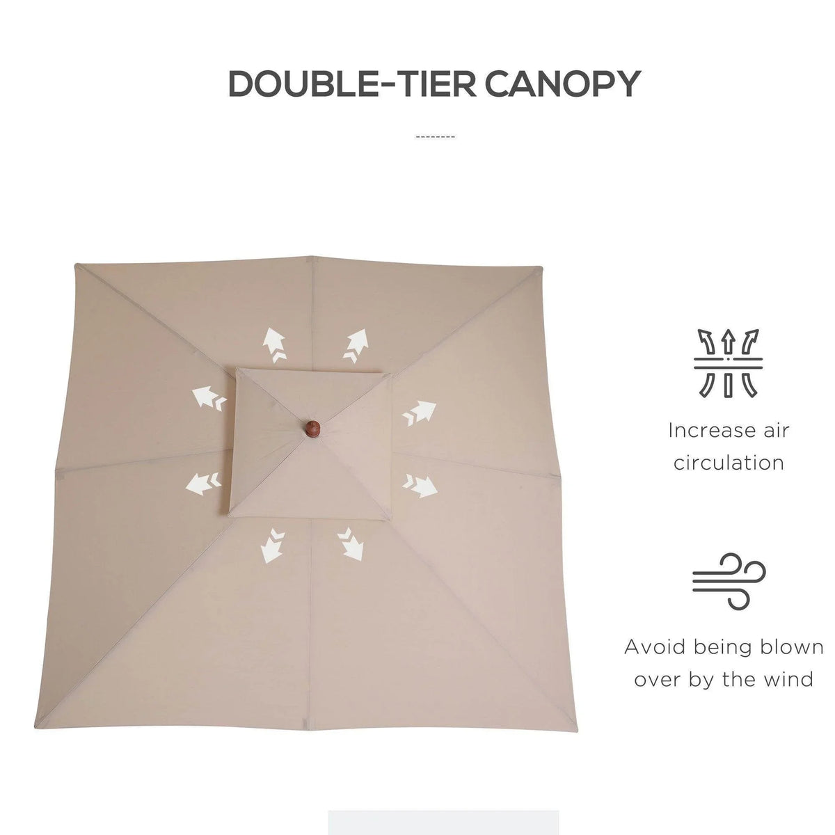 Beige double-tier patio parasol canopy with wind vent airflow icons