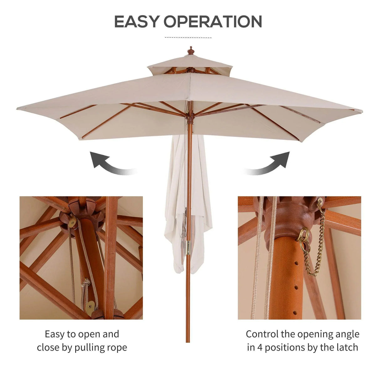 Beige patio parasol with hanging control rope for adjustable opening