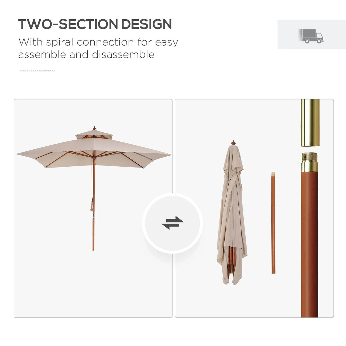 Beige two-section patio parasol design shown with open and folded sections