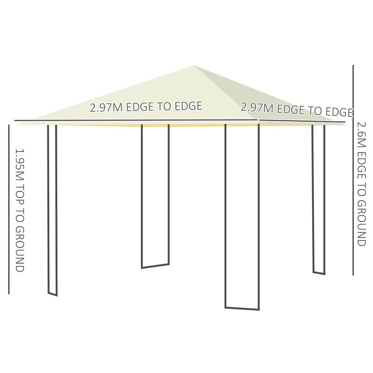 Cream gazebo canopy and metal frame diagram with edge dimensions