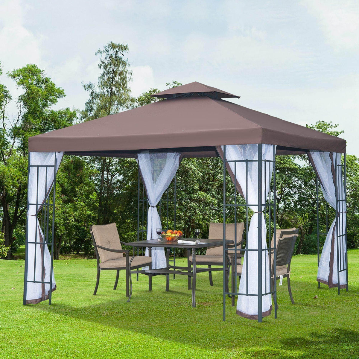 Brown outdoor gazebo with sheer curtains, patio table & chairs on lush green lawn, perfect for garden relaxation