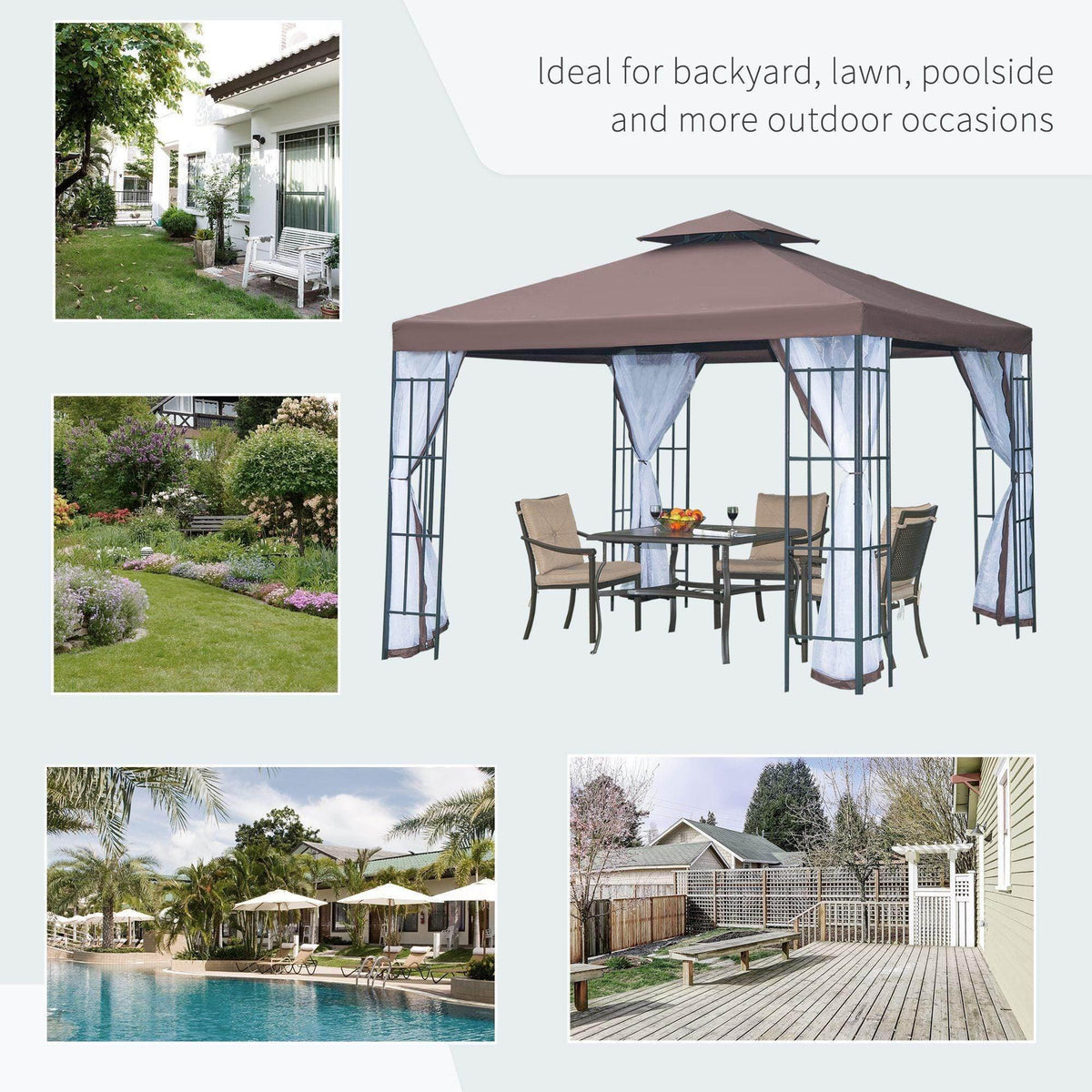 Brown outdoor gazebo with mesh curtains, perfect for backyard, patio, or poolside relaxation and dining.
