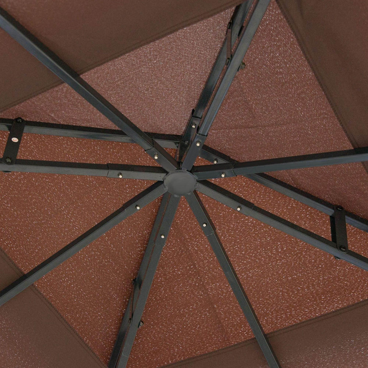 Brown patio umbrella canopy with black metal frame and speckled fabric, ideal for outdoor garden shade.
