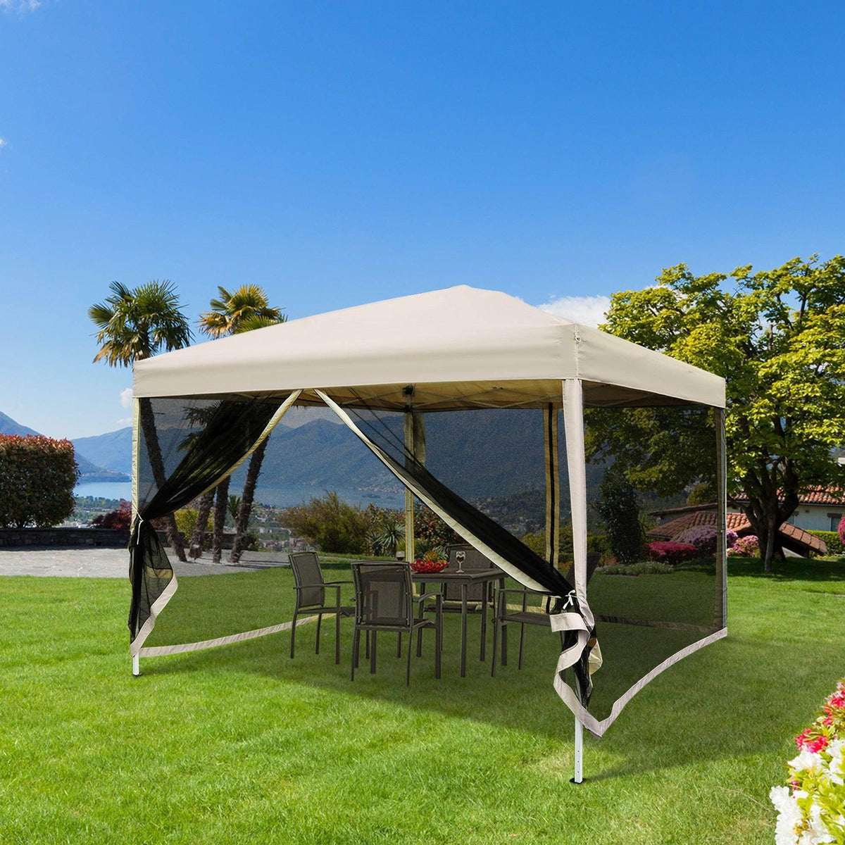 Tan mesh gazebo with black curtain sides and open entry, metal frame and roof cover