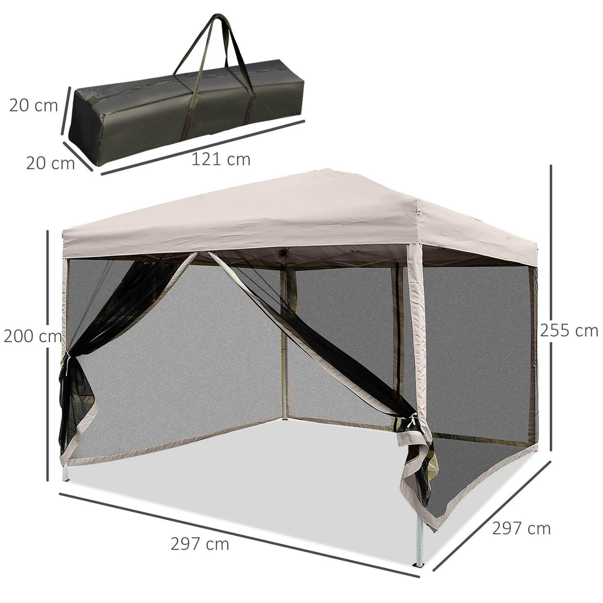 Tan 3x3m gazebo with black mesh side panels, metal legs, and canopy roof cover