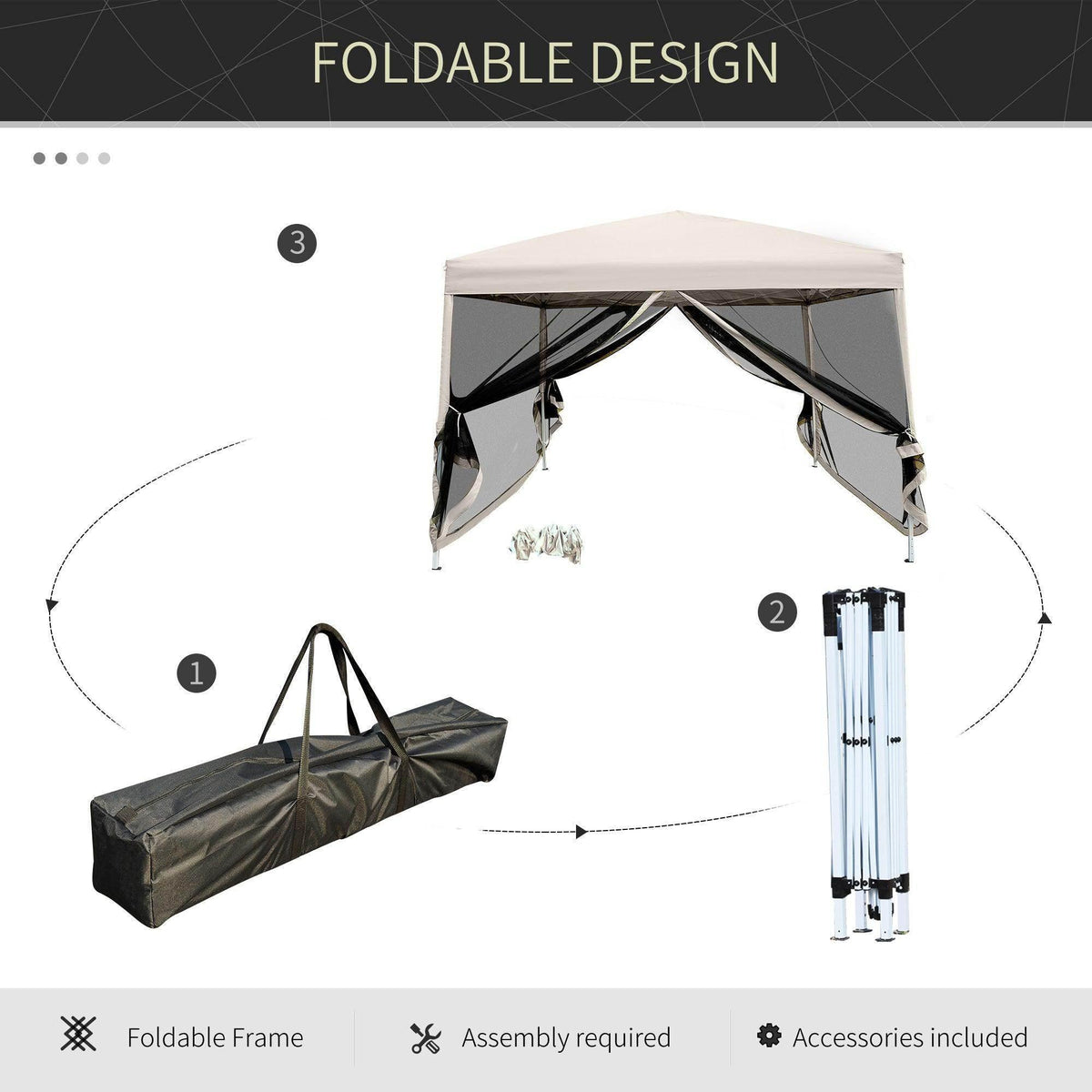 Foldable gazebo kit with beige canopy, black mesh curtains, poles, and carrying bag