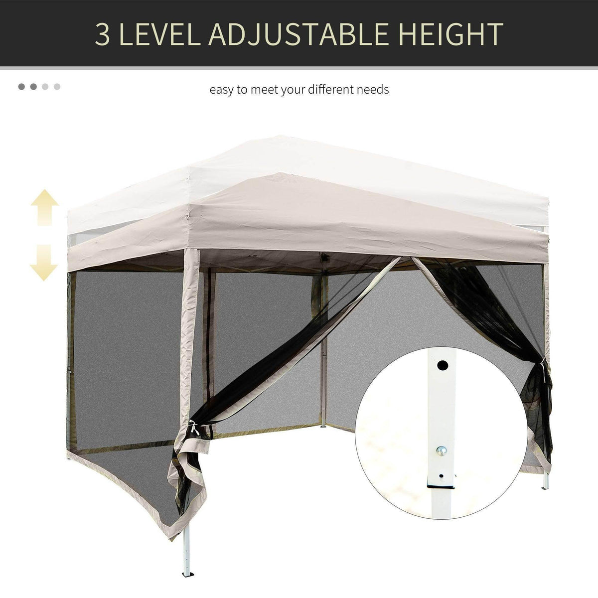 Tan mesh gazebo with adjustable-height legs and black side curtains with tied entry