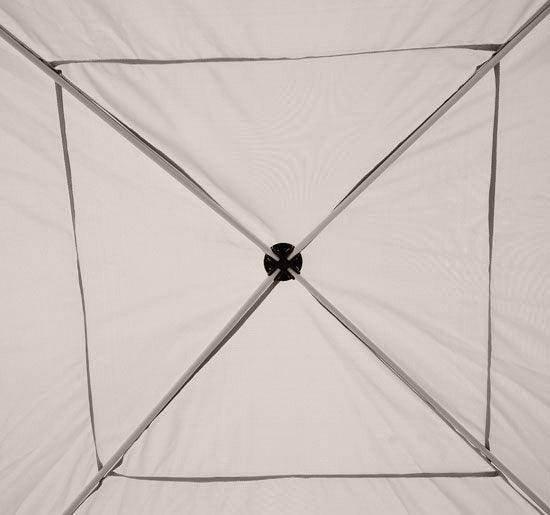 Mesh gazebo corner with diagonal metal braces and secured fabric tie at the junction