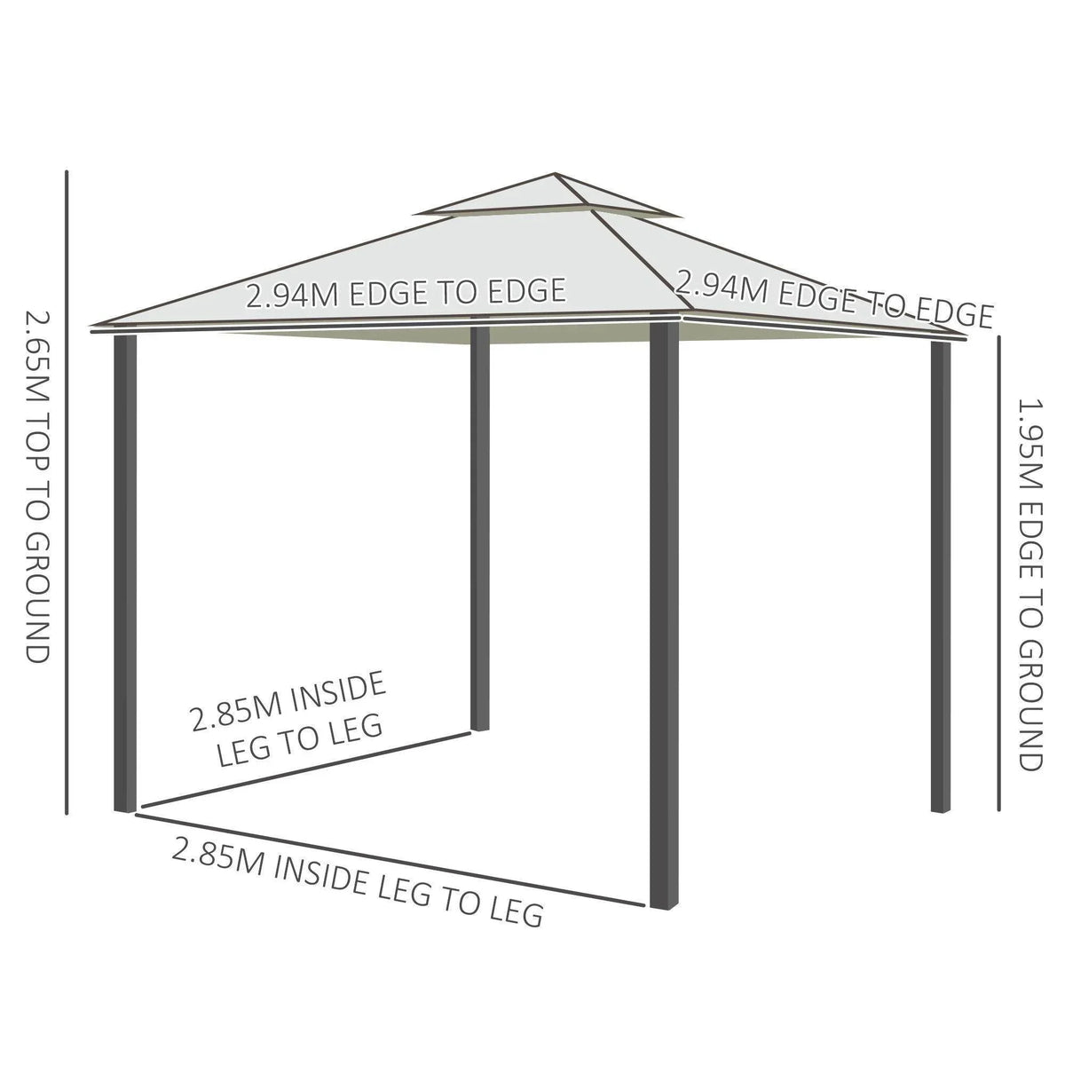 3x3m metal gazebo size diagram with edge-to-edge and inside-leg dimensions