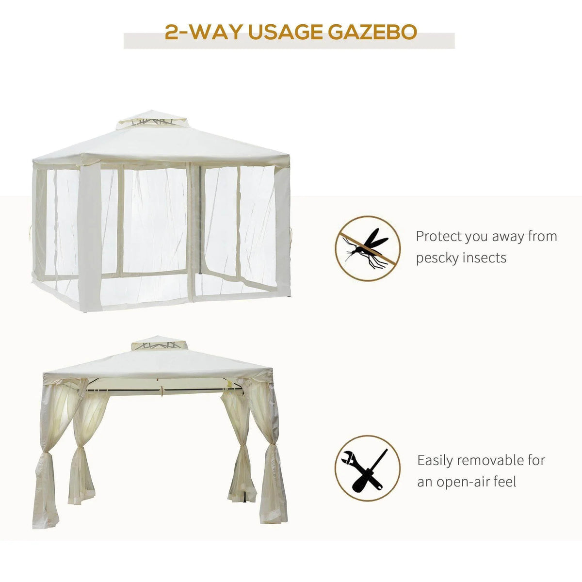 Cream white gazebo with removable canopy panels and zippered side openings