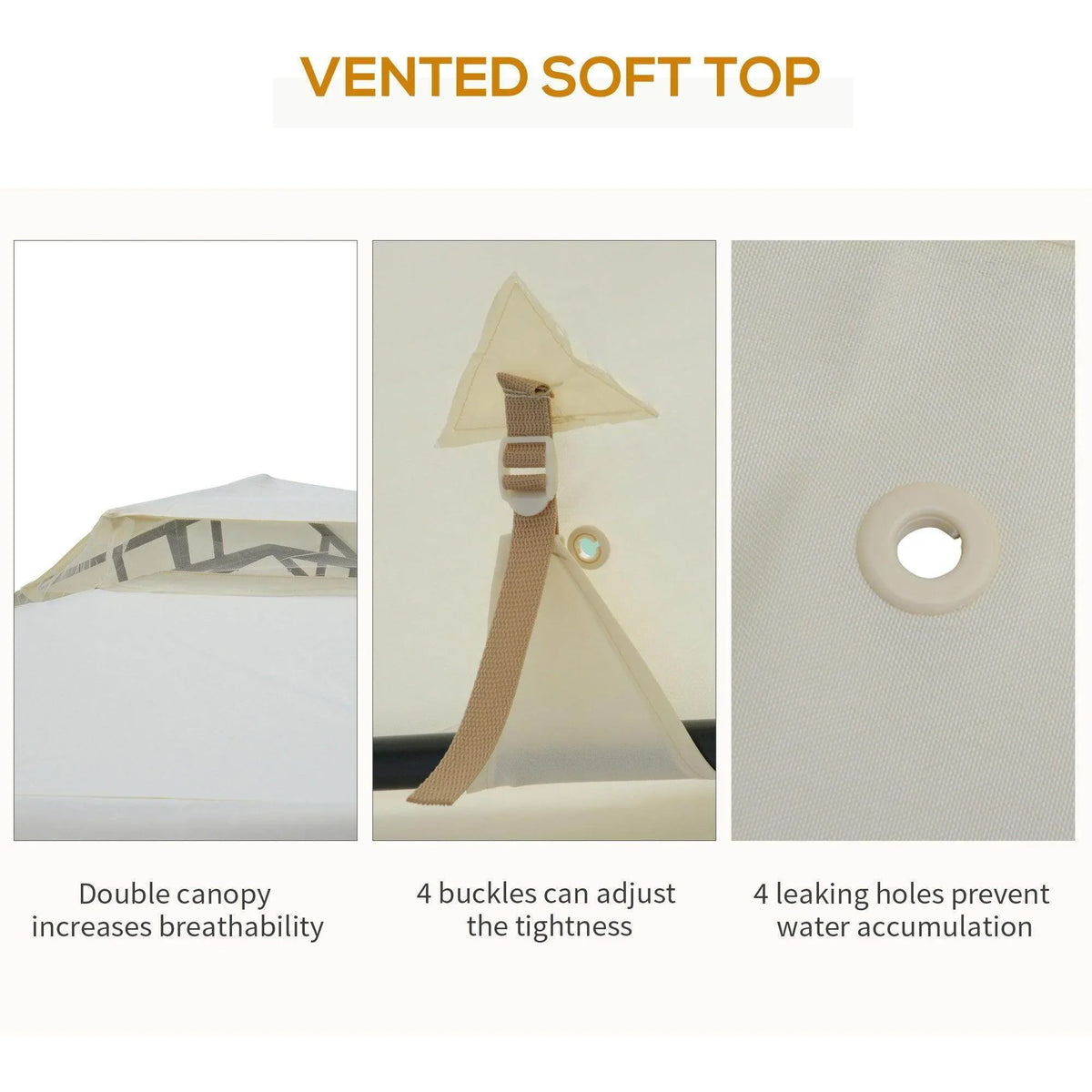 Cream white vented soft top with double canopy, adjustable straps, and water holes