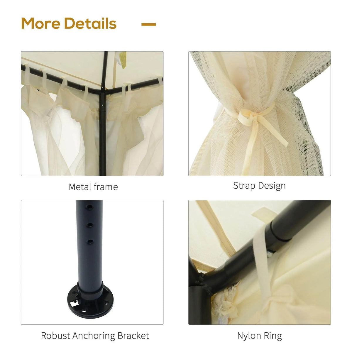Cream white gazebo details: metal frame, strap ties, anchoring bracket, nylon rings