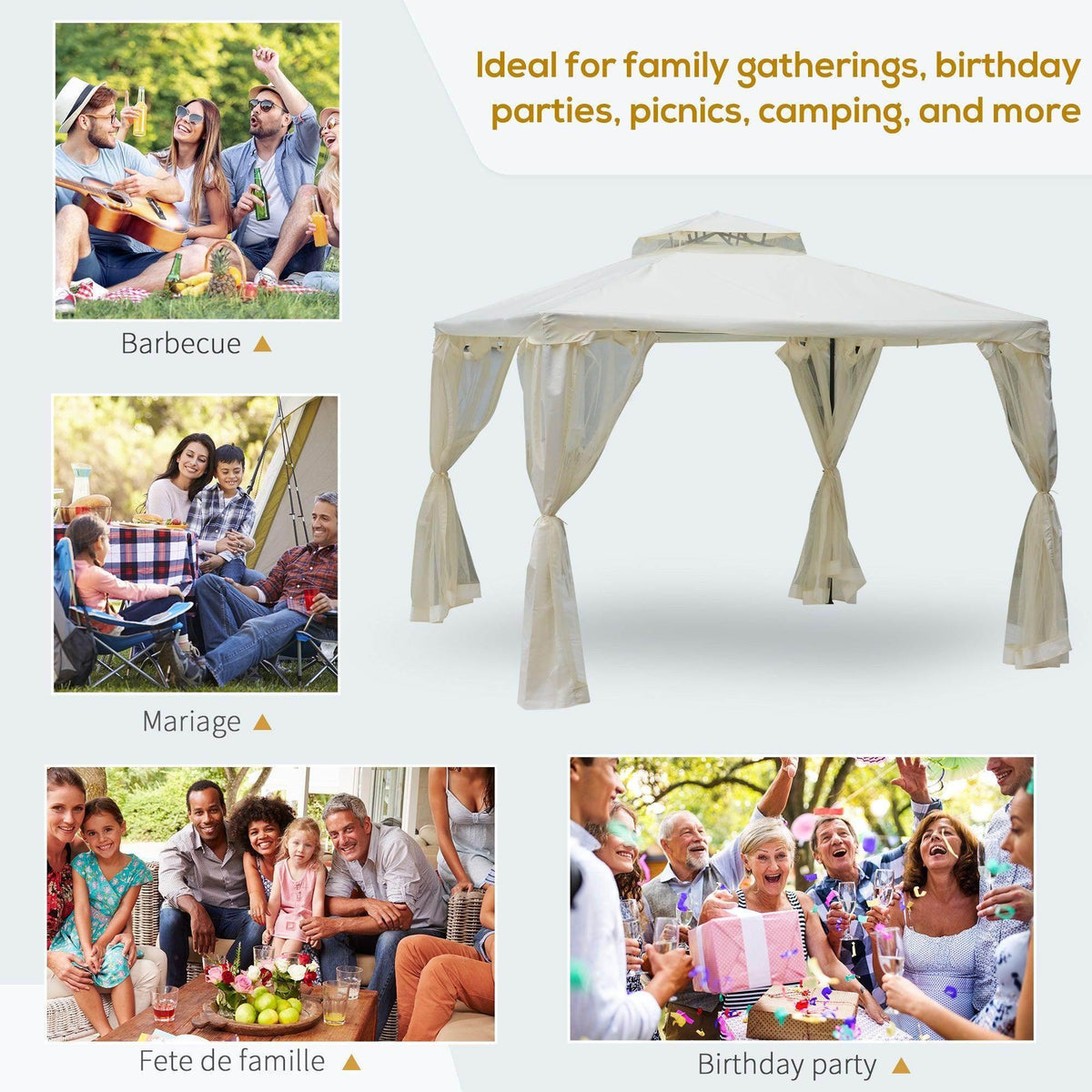 Cream white metal gazebo with hanging side curtains and solid soft-top canopy