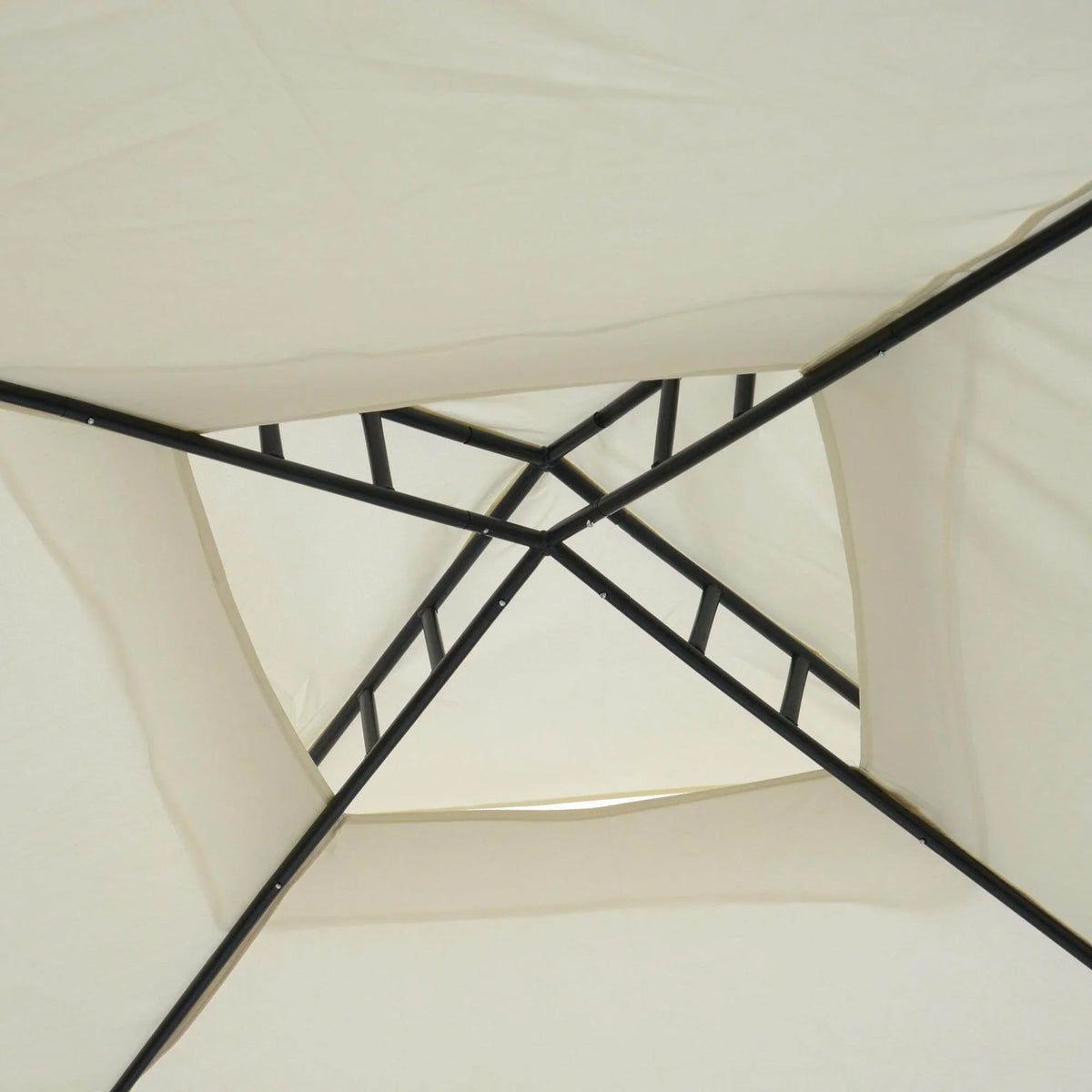 Black metal frame cross braces under a cream white gazebo soft canopy
