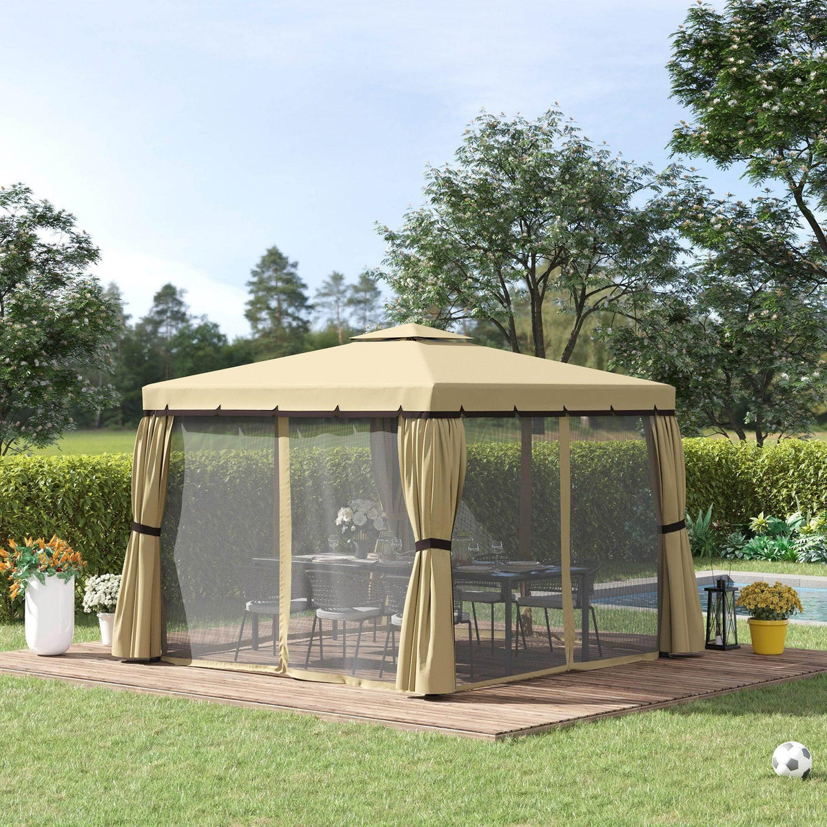 3x3m patio gazebo with beige waterproof canopy and zippered mosquito netting curtains