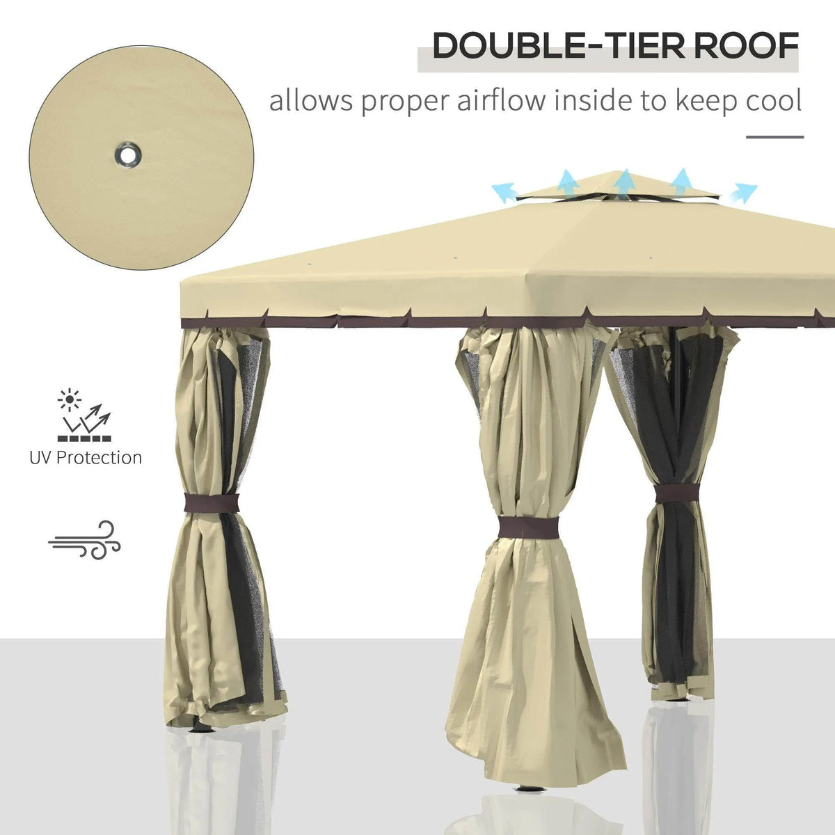 Patio gazebo canopy with double-tier roof and zippered mosquito netting curtain panels