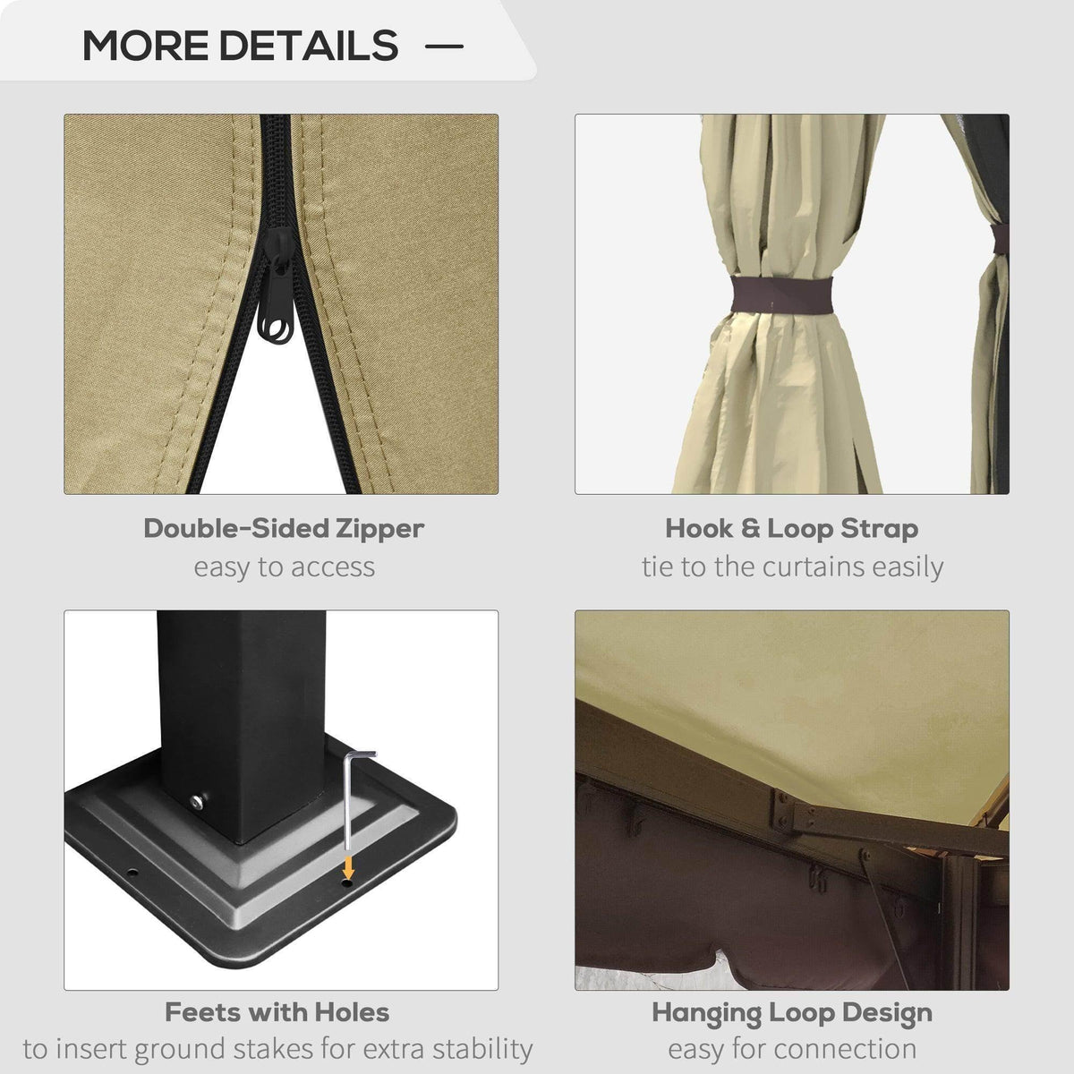 Gazebo curtain panels with double-sided zipper and hook-and-loop tie straps