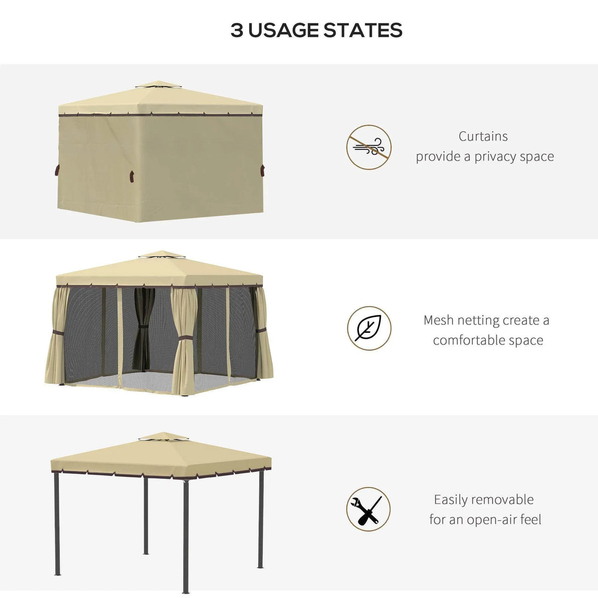 Patio gazebo with privacy curtains, mesh mosquito netting, and removable open side panels