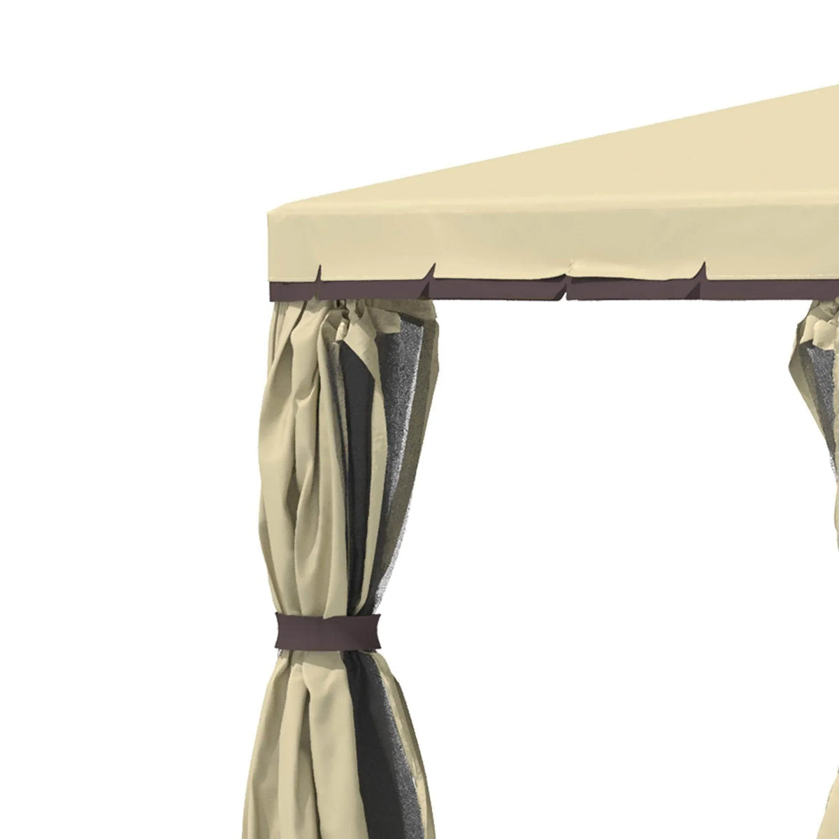 Gazebo corner with beige valance and tied mosquito netting curtain panels