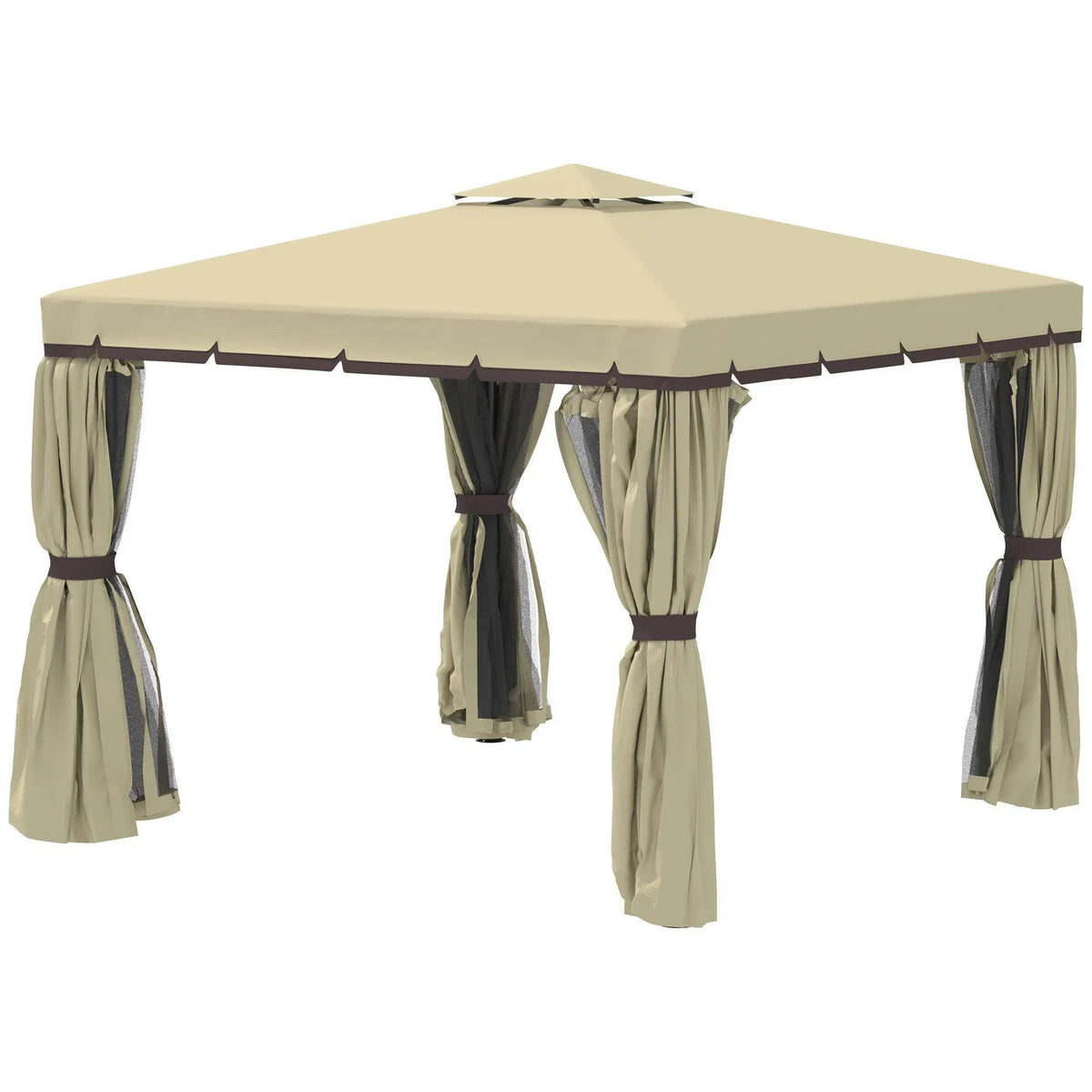 Patio gazebo with beige canopy roof and hanging mosquito netting curtain panels