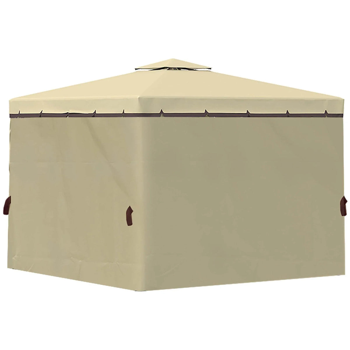Patio gazebo end with beige canopy and enclosed mosquito netting wall panel