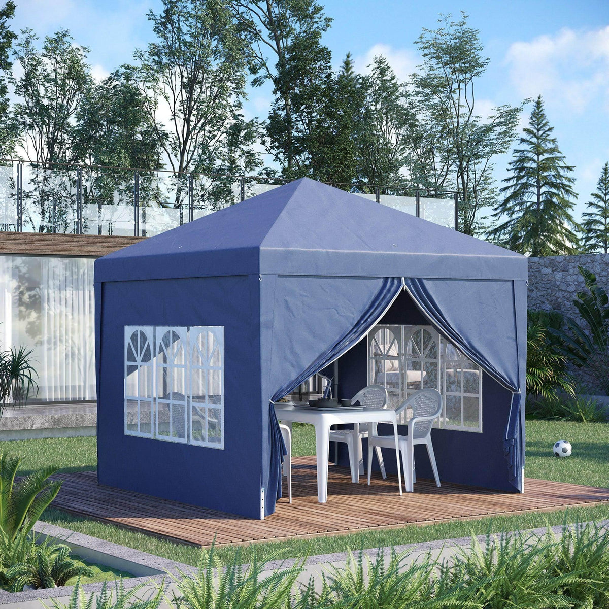 Blue water-resistant gazebo with open front canopy, side windows, and dark-blue curtains