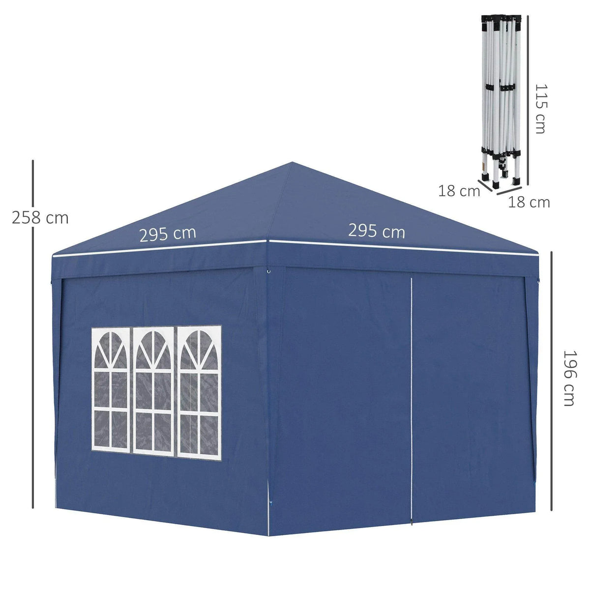 Blue water-resistant gazebo with peaked roof, side panels, and white arched window cutouts