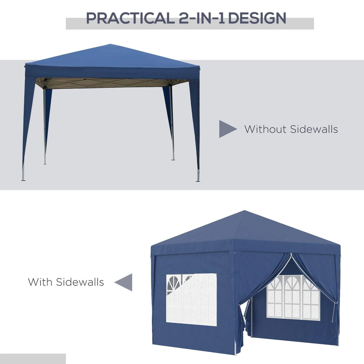 Blue gazebo canopy with adjustable sidewalls; shown with and without fabric side panels