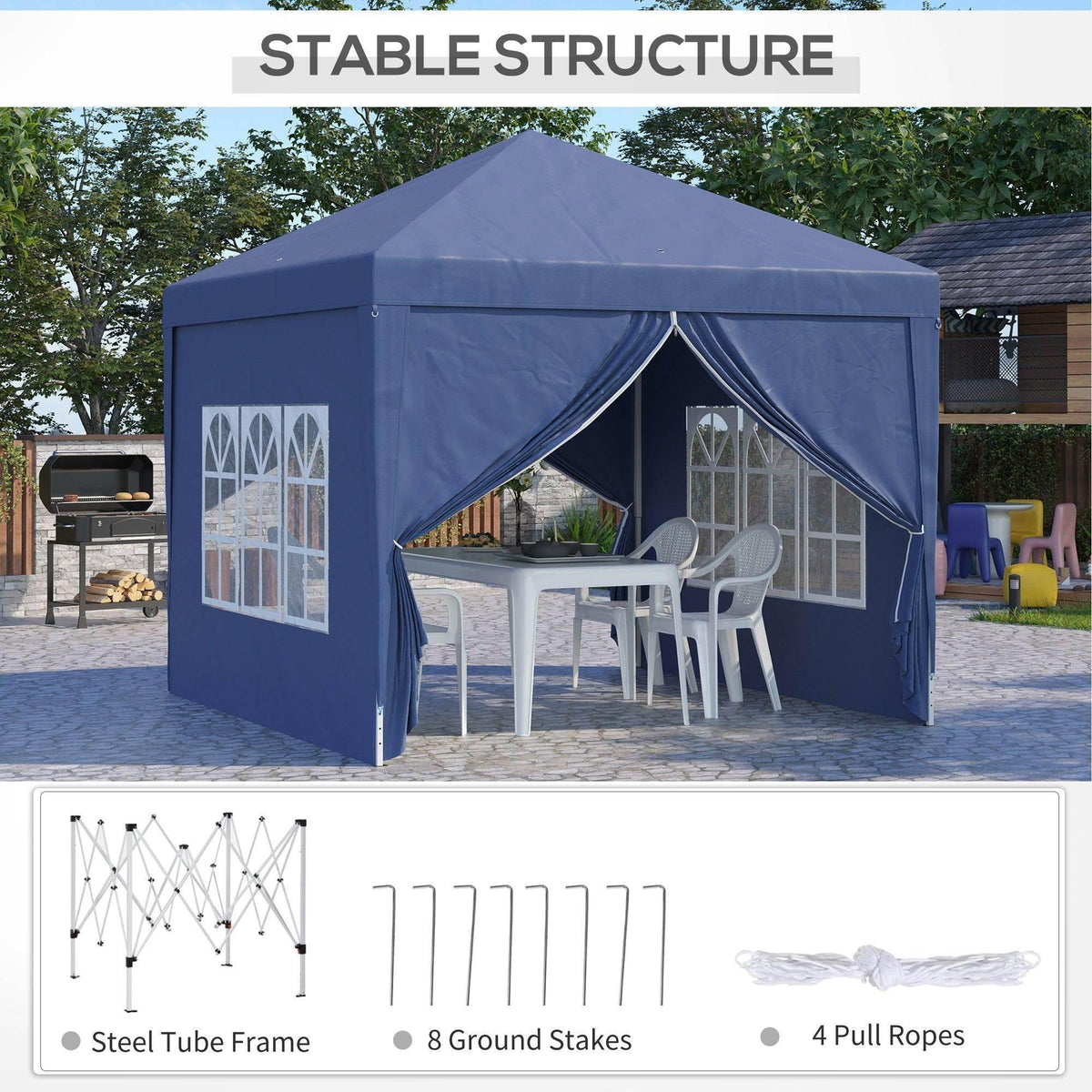 Blue water-resistant gazebo with open front entry, arched windows, and curved curtain valance