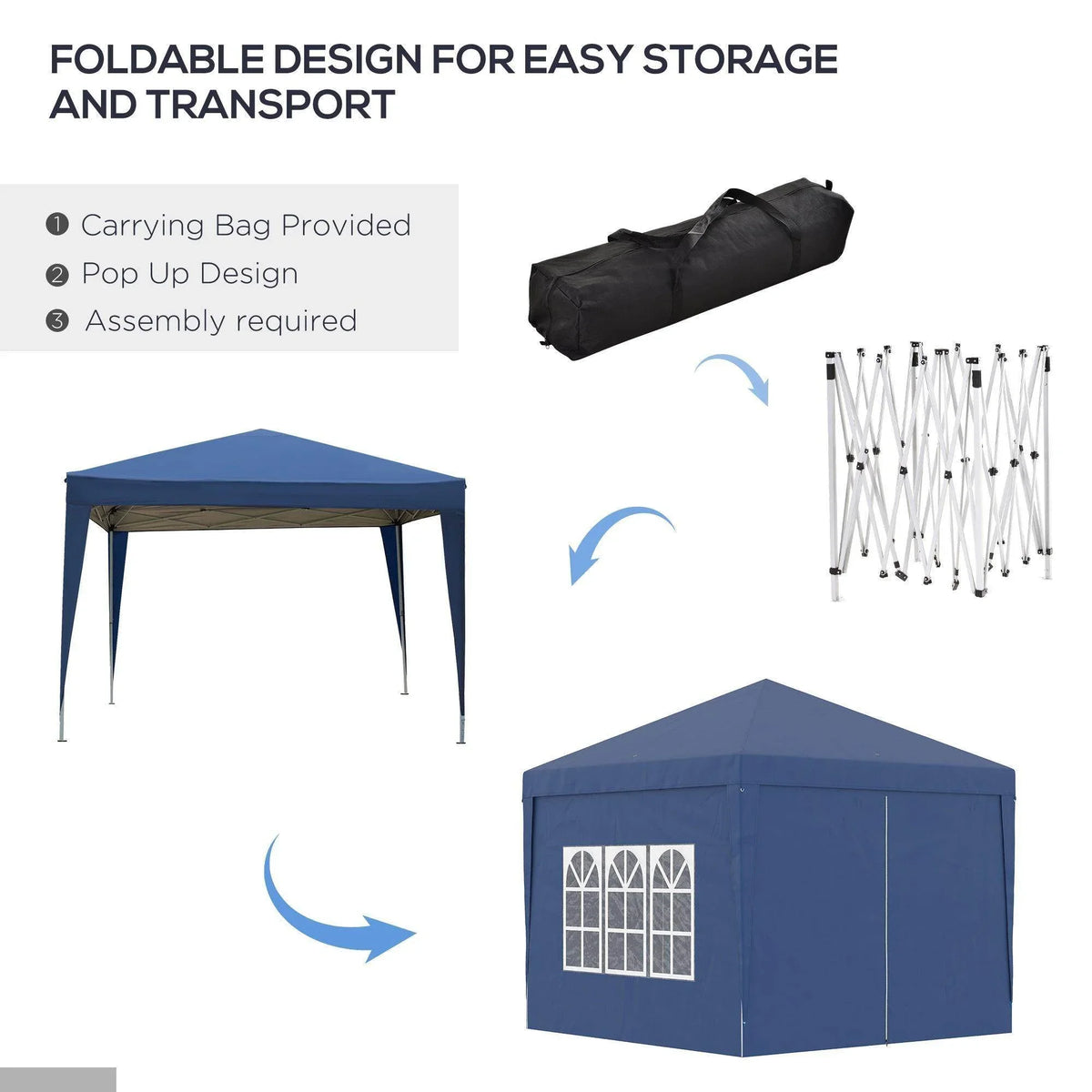 Blue foldable gazebo set with black carrying bag and compact, popup-style frame diagram