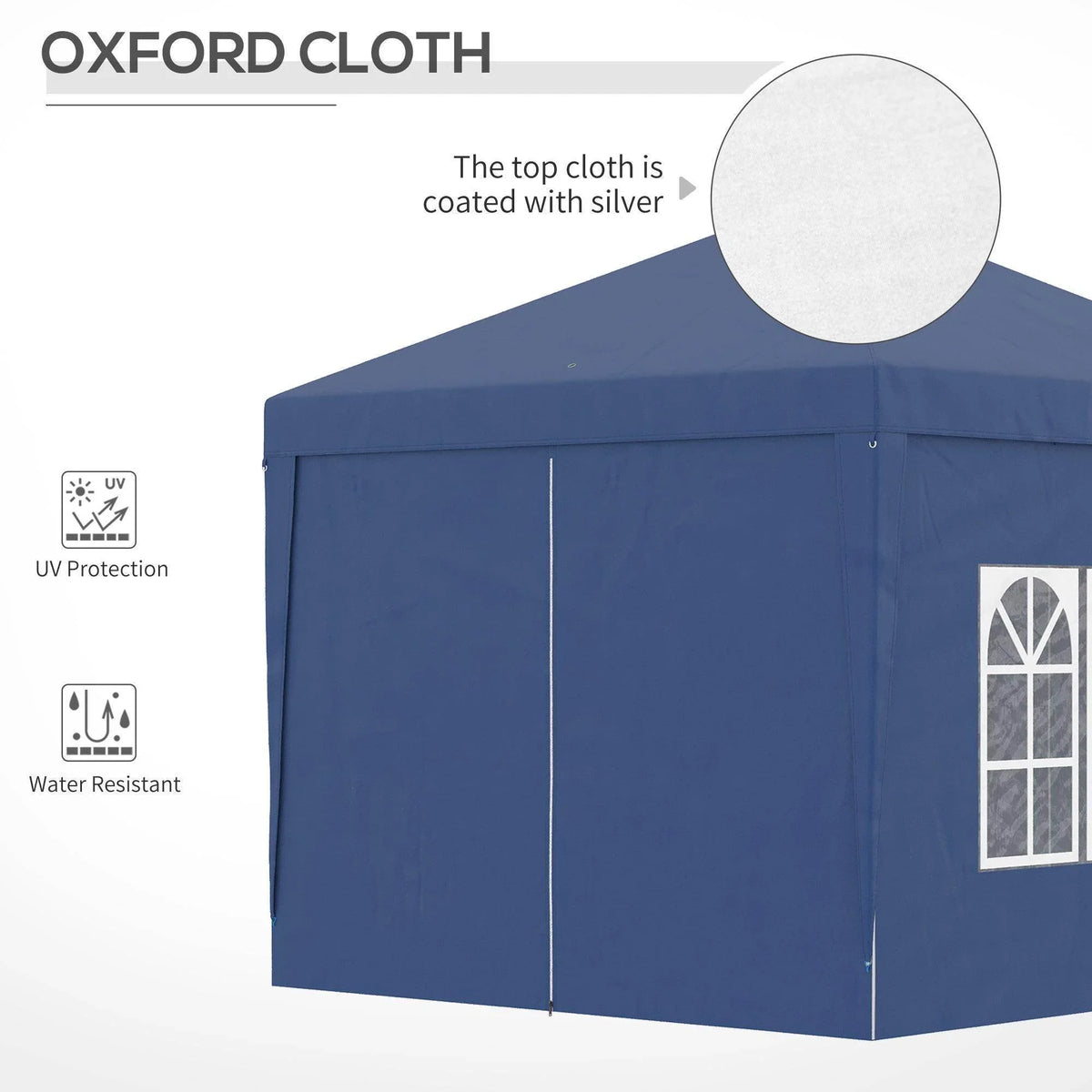 Blue water-resistant gazebo top and side walls with window panel; Oxford cloth style fabric