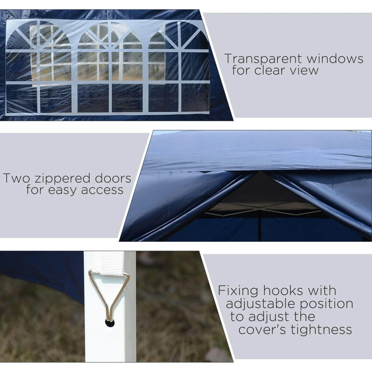 Blue gazebo with clear arched windows, zippered doors, and reinforced corner seams