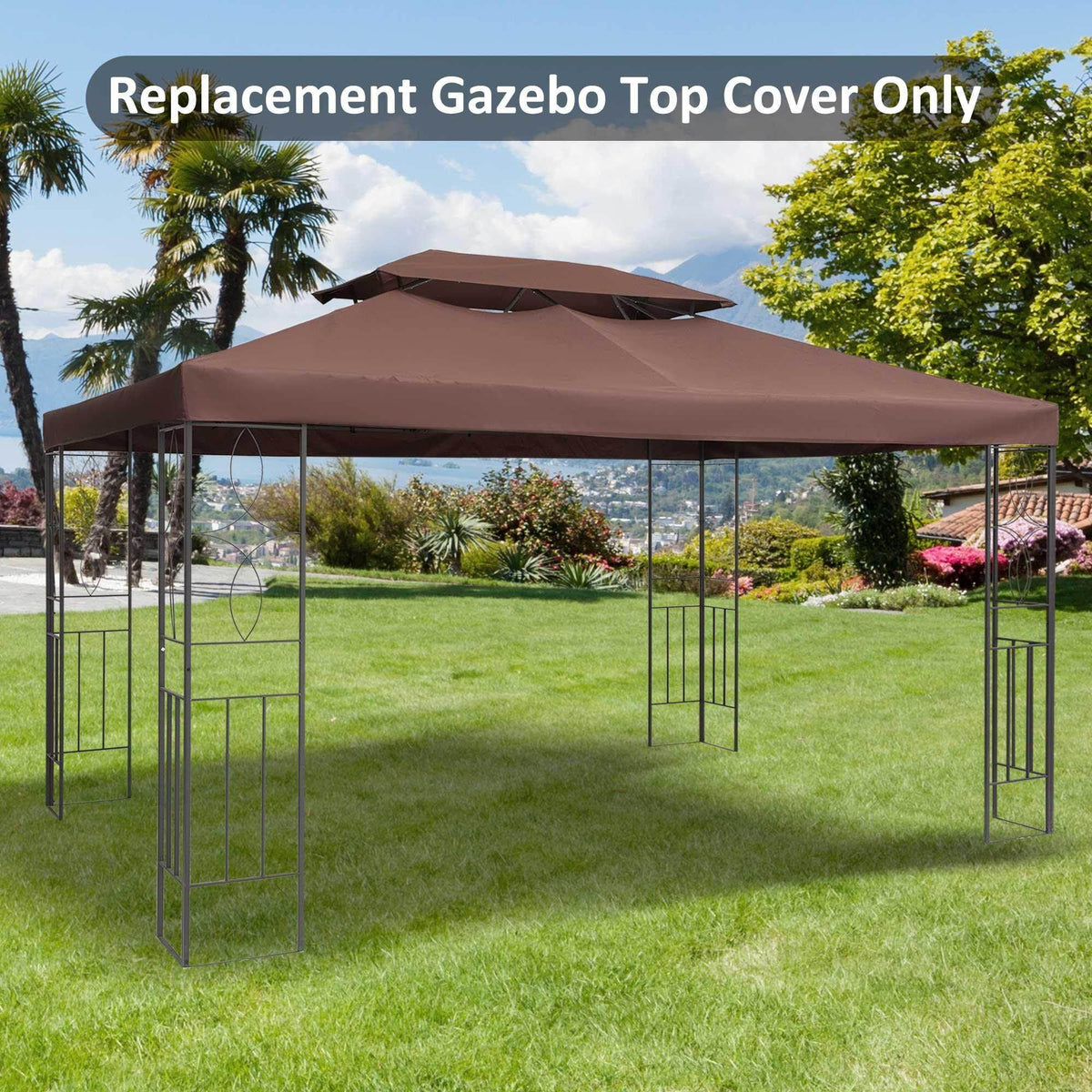 Replacement gazebo top cover for outdoor garden use, brown canopy on metal frame, fits patio or lawn