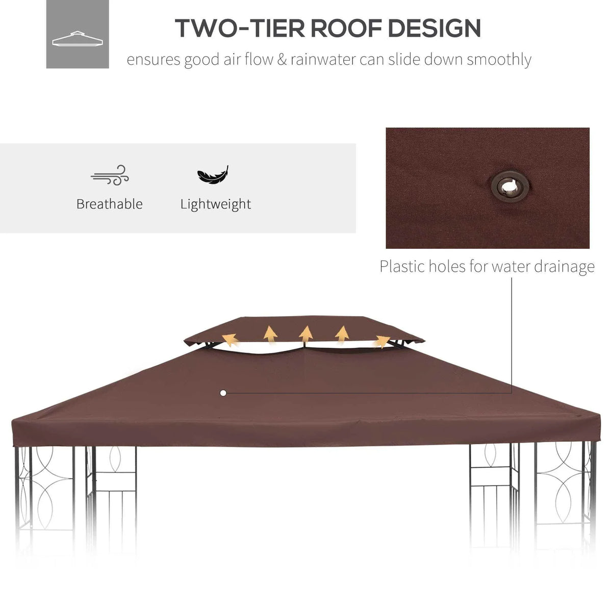 Brown gazebo canopy with two-tier roof, breathable lightweight fabric, and plastic drainage holes for outdoor use