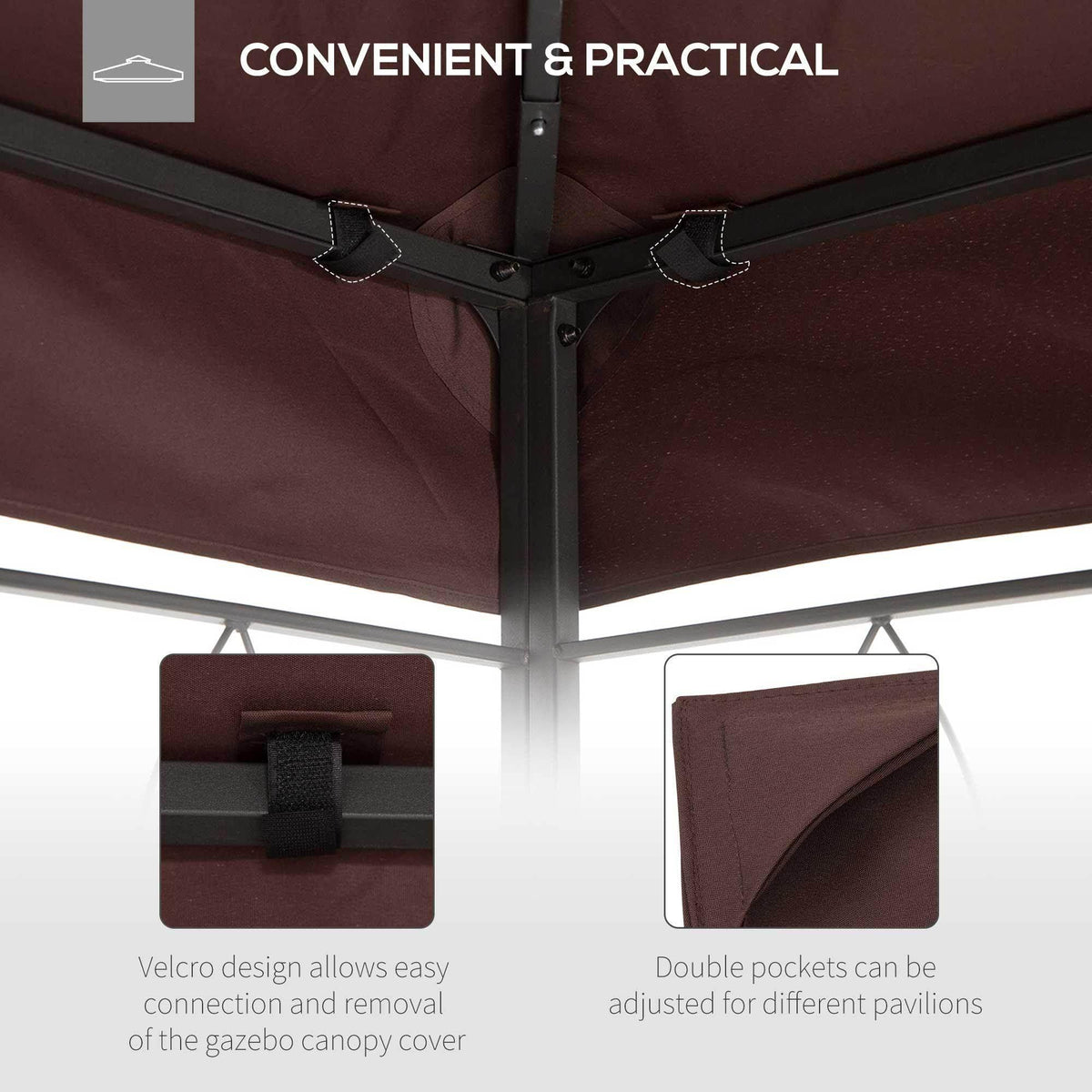 Burgundy gazebo canopy with Velcro straps and adjustable double pockets for easy setup and removal