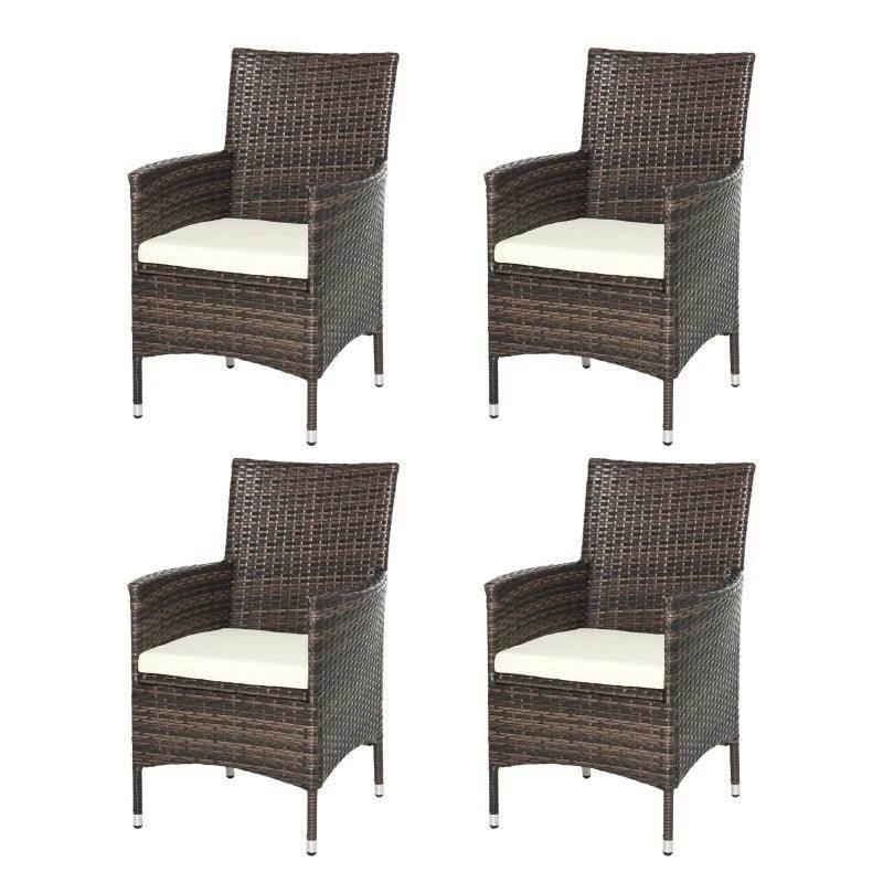 Resin rattan armchairs with white cushions, dark brown woven frames (set of four)