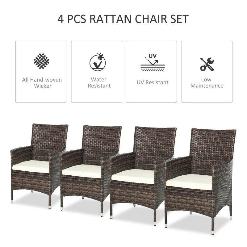 Four-piece rattan chair set with white cushions and dark brown woven frames