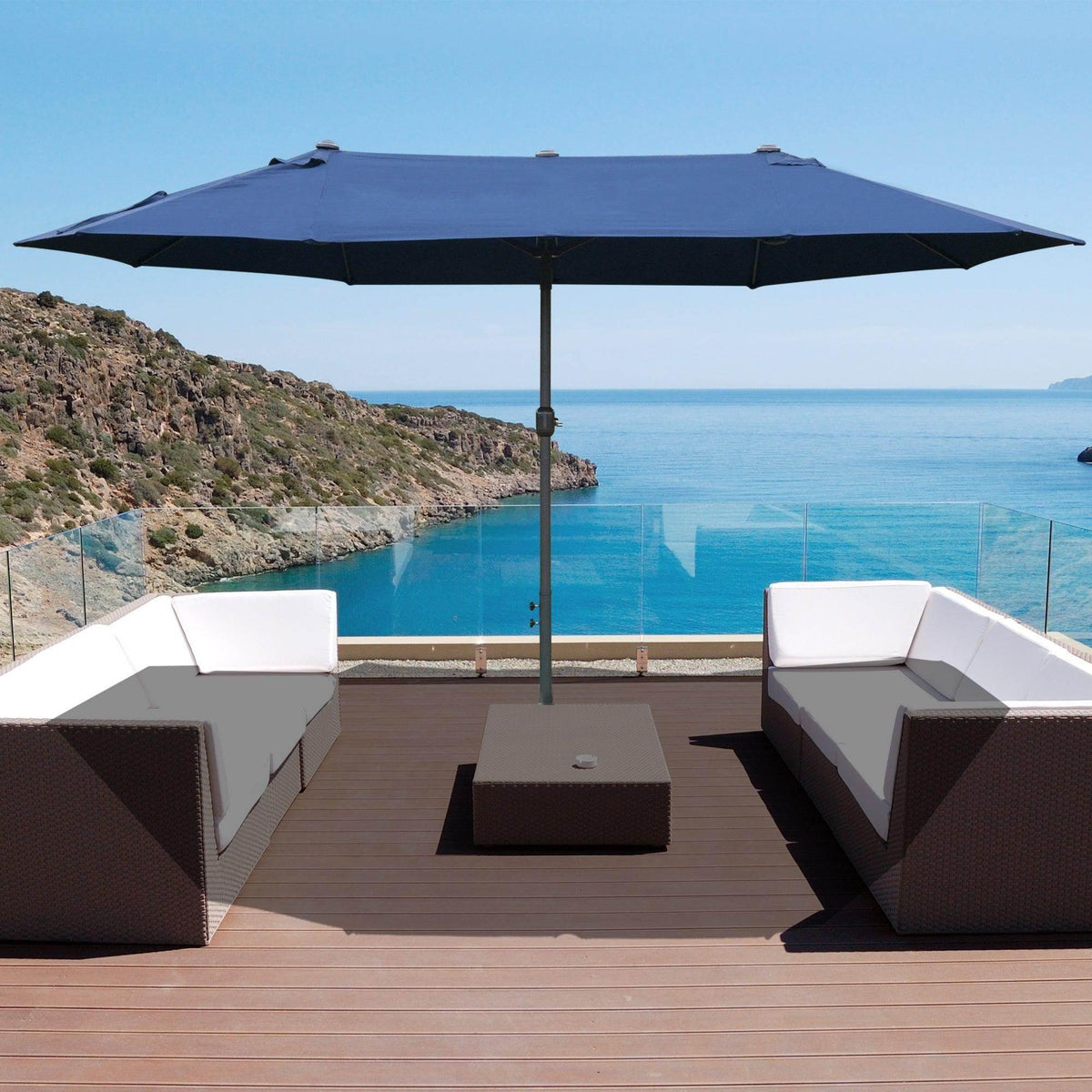 Blue outdoor sun umbrella with double-sided 4.6 m canopy and center pole