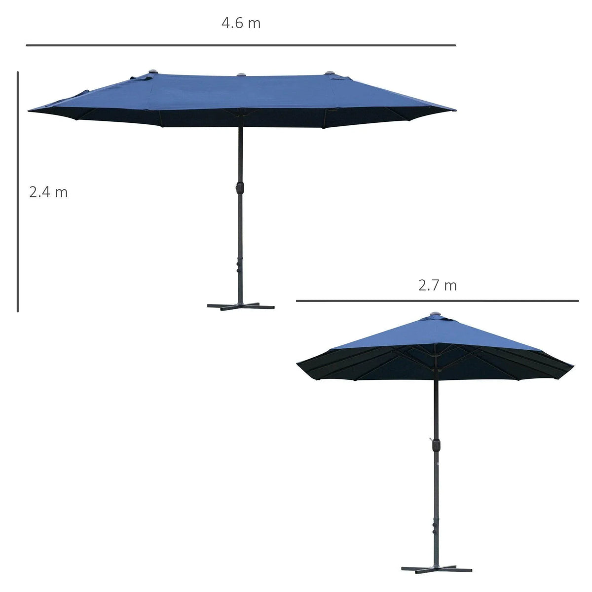 Blue outdoor sun umbrella diagram with 4.6 m canopy and 2.4 m/2.7 m stand