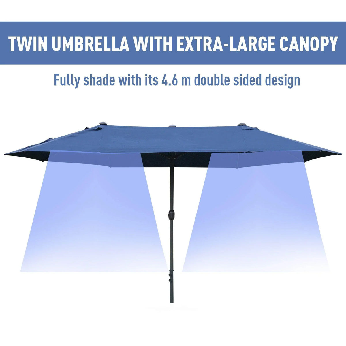Blue twin outdoor sun umbrella with extra-large double canopy over center pole
