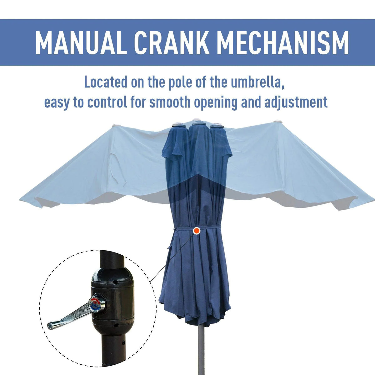 Blue outdoor sun umbrella canopy with manual crank mechanism on center pole