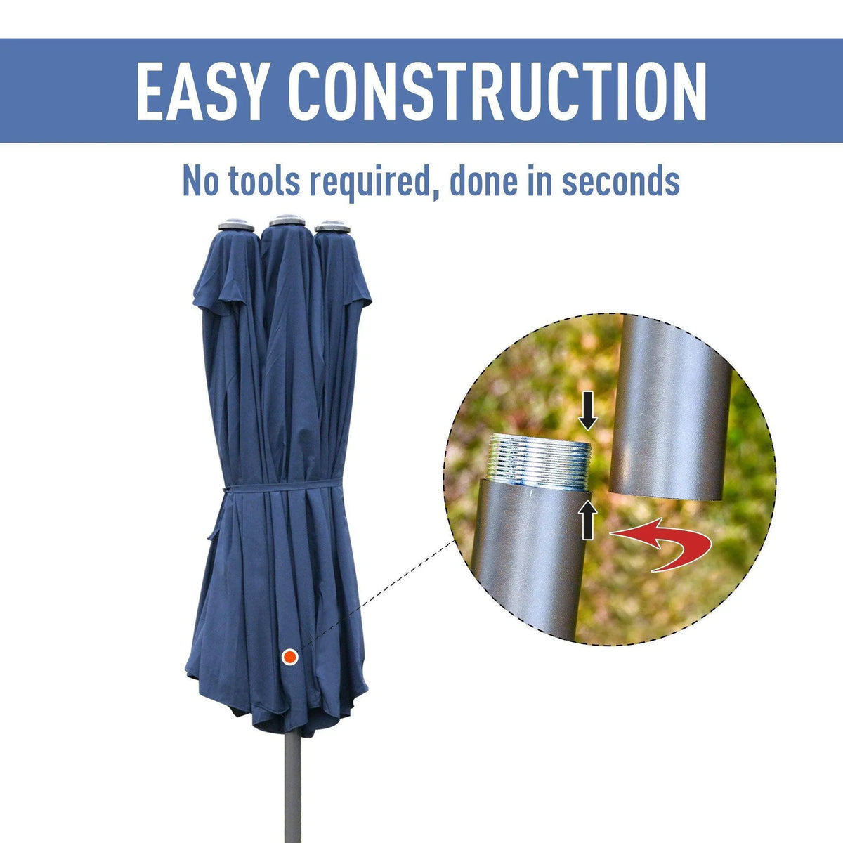 Blue outdoor sun umbrella with bundled canopy and fold-ready design, no tools required
