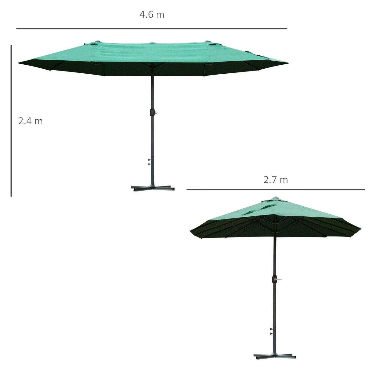 Open 4.6 m patio umbrella with dark-green canopy and center pole