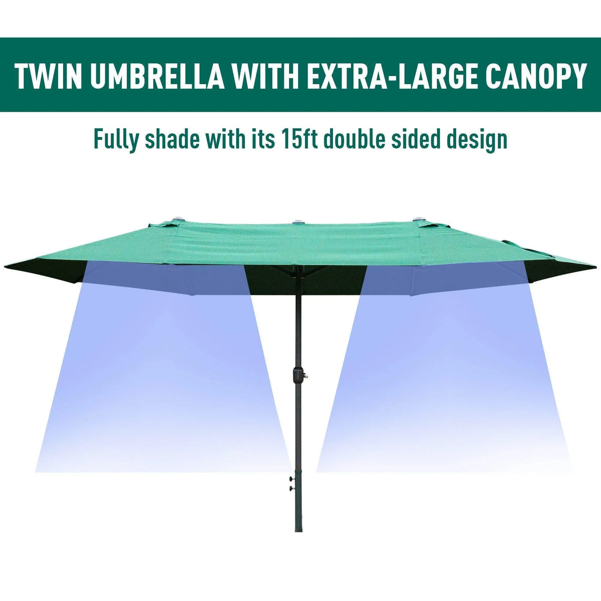 Green patio sun umbrella canopy with twin-style coverage and central support pole