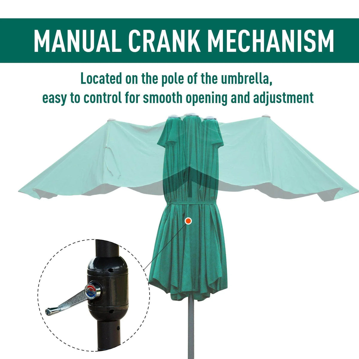 Patio umbrella with manual crank mechanism on the pole and green canopy