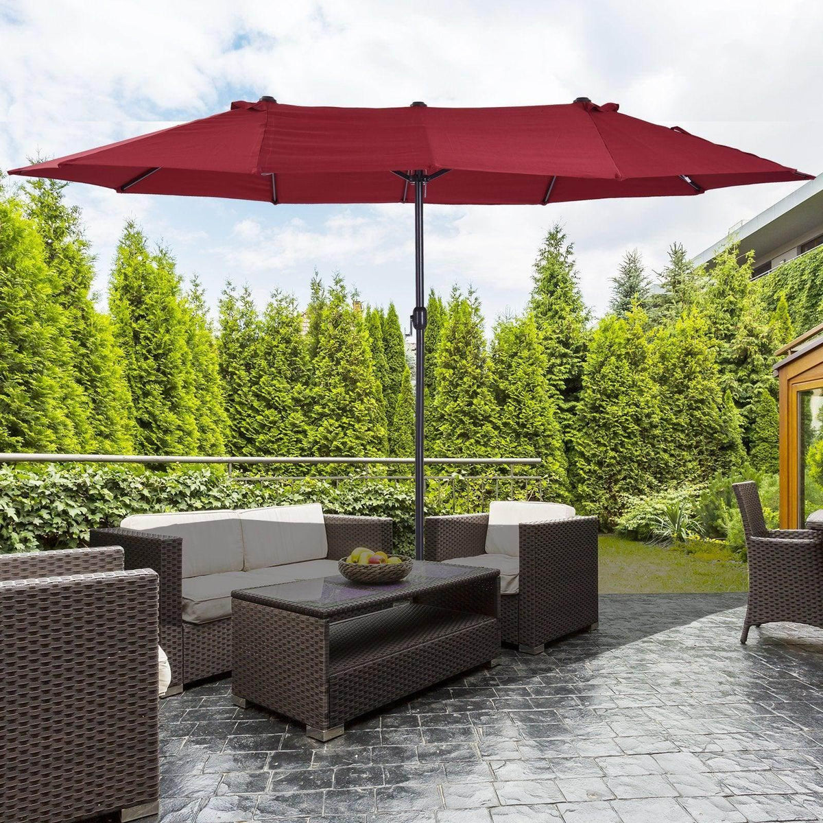 Wine red patio umbrella with round canopy and tall metal pole for outdoor shade