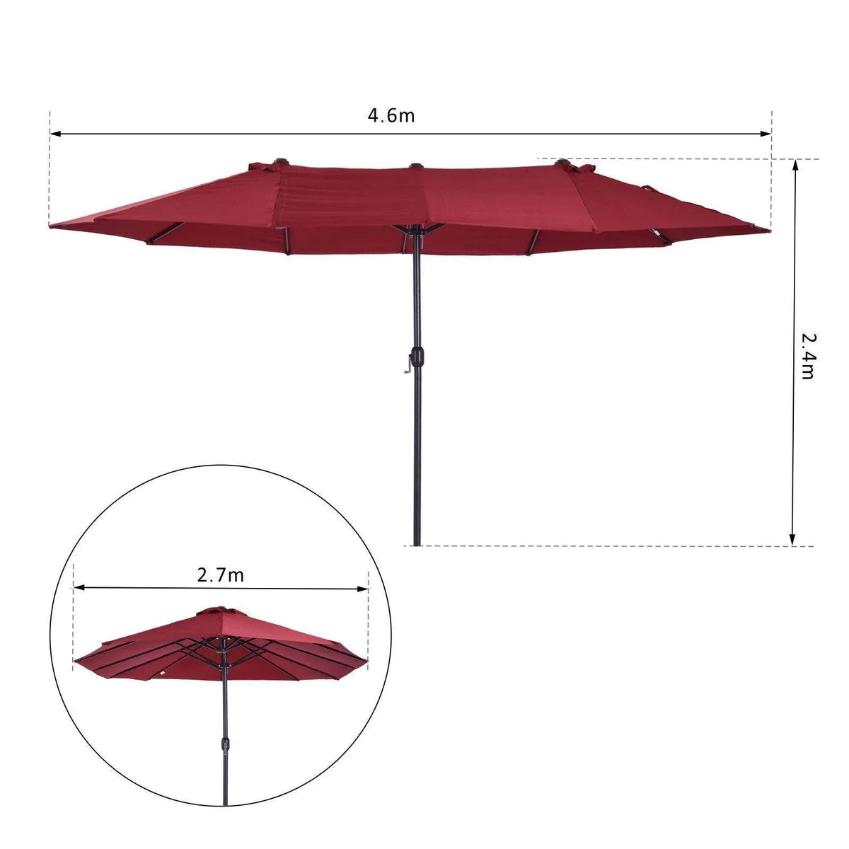 Wine red double patio umbrella shown with 4.6 m width and 2.7 m side view