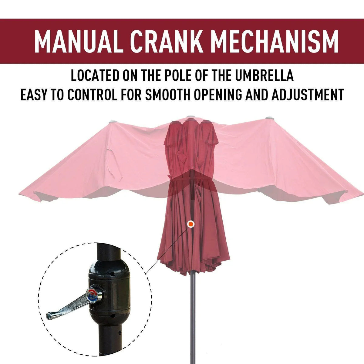 Manual crank patio umbrella with wine red canopy and center pole