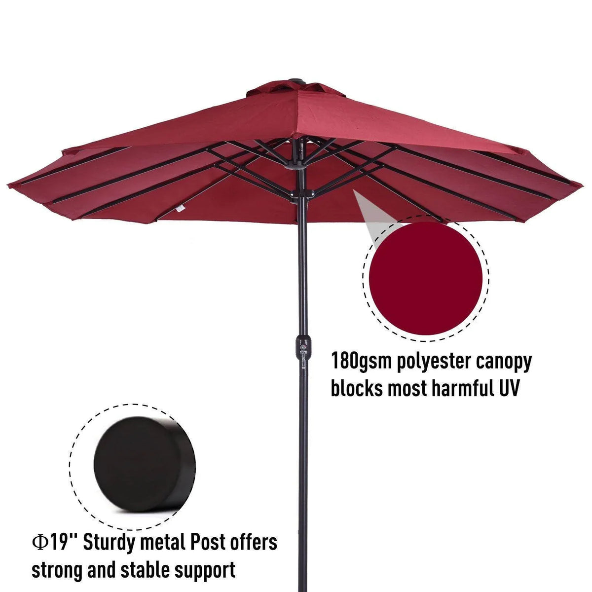 Wine red patio umbrella canopy with ribs and sturdy metal post for UV protection